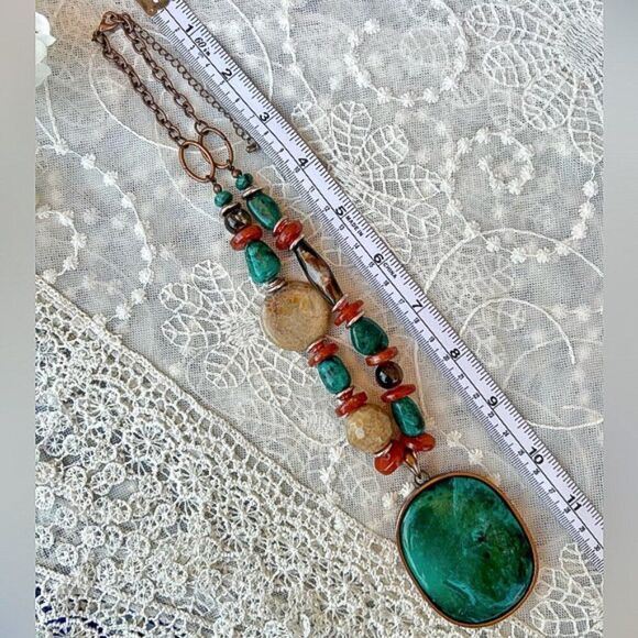 Asymmetrical Turquoise & Coral Beaded Fashion Statement Necklace - Picture 10 of 10